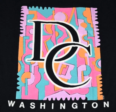 Vintage T-Shirt Size M 80s Washington DC Stamp Screen Stars Black Pink Teal - Image 1 of 4