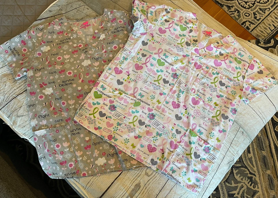 Lot Of 2 Scrubs Womens Top Scrub Size Medium Gray White Pink Love Hope Cure Heal - Image 1 of 4