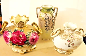 3 NIPPON HP FLORAL VASES 2 w PRETZELS HANDLES ,PINK ROSES ,WISTERIA & GILDED - Picture 1 of 19
