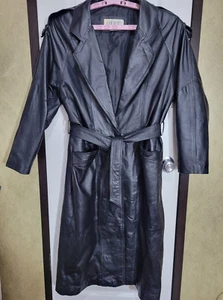 Comint Damen Größe M schwarz 100 % Leder Kragen Knopfleiste Trenchcoat Gürtel - Bild 1 von 15