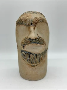 Studio Folk Art Pottery Ugly Face Vase Vessel Hand Sculpted Beige Blue Signed - Picture 1 of 8