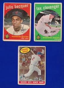 3 SENATORS LOT 1959 TOPPS #298 TEX CLEVENGER #93 JULIO BECQUER #465 ROY SIEVERS - Picture 1 of 2