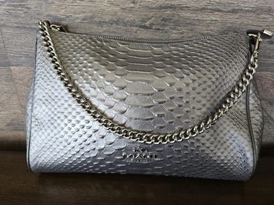 Coach Carrie Metallic Python Embossed Leather Shoulder Bag F35059 Pewter - Image 1 of 4