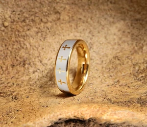 Unisex Golden Tungsten Christian Cross Filigree Religious Wedding Ring Band- 8mm - Picture 1 of 3