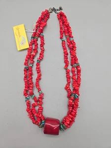 Vintage Native American 3 Strand Necklace Coral Beads, Turquoise & 925 - Picture 1 of 10
