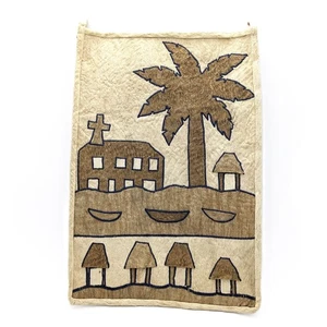 Vintage Handmade Barkcloth Wall Art | Palm Tree and Village Scene Tapestry - Picture 1 of 10