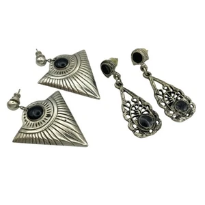 Vintage Southwestern Silver Black Dangle Earrings Geometric Filigree Art Deco - Bild 1 von 4
