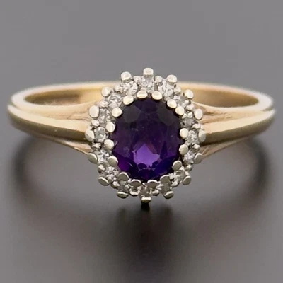 Кластерное кольцо из желтого золота 9 карат с аметистом и бриллиантами размер P с клеймом - Изображение 1 из 4