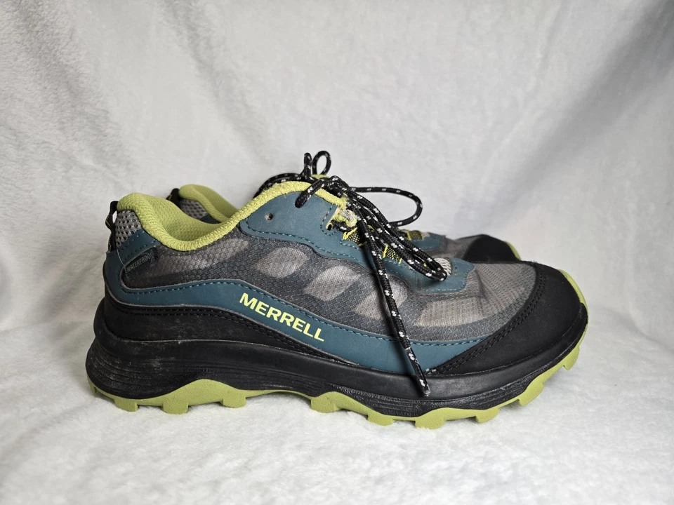 Sapatos de caminhada Merrell Moab Speed baixo impermeável verde cinza azul crianças meninos tamanho 5 - Imagem 1 de 4