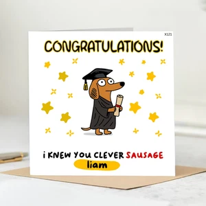 Funny Sausage Dog Graduation Card - "Clever Sausage" Personalized Dog Congrats - Picture 1 of 2