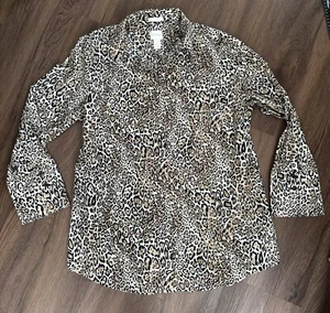 Chico's No Iron Button Shirt Womens 2 Beige Leopard Print  Cotton - Picture 1 of 7