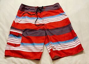 O’Neill Men’s Red Blue Gray Striped Swim Trunks Board Shorts Size 34 Waist