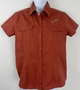 Harley Davidson Womens Size Medium with Collar Snap Front Orange Shirt - Picture 1 of 12