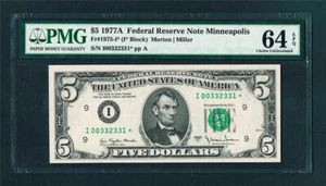 1977A $5.00 Federal Reserve(KEY~128,000)FANCY Minneapolis STAR~PMG-64EPQ.!! - Picture 1 of 1