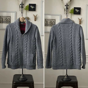 Eddie Bauer Lambswool Blend Cable Knit Grey Zip Cardigan Sweater Flannel Lining - Picture 1 of 7