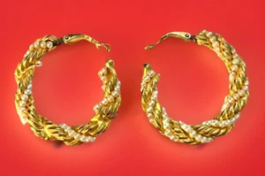 Beautiful Fashion Big Twisted Gold Roped & Pearl Hoop Circle Earrings - Picture 1 of 2