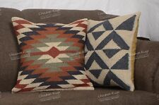 Set of 2 Handmade Organic Wool Square Cushion Cover, Ethnic Chair Cushion Décor