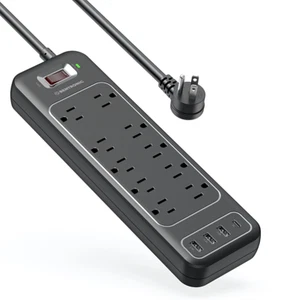 Power Strip Surge Protector USB C 10 AC Outlets 3 USB A Fast Charge Black ETL. - Picture 1 of 12