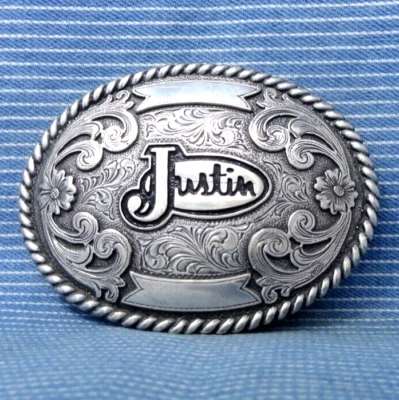 Justin Boots Promo Belt Buckle Cowboy Cowgirl Ribbons & Scroll Vtg 80s   .TYC757 - Image 1 of 4