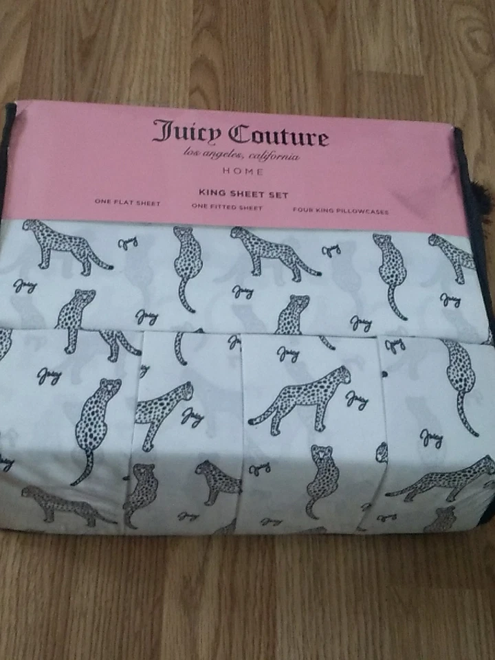 Juego de sábanas de 6 piezas Juicy Couture estampado de leopardos blancos tamaño king Foto 1 de 4