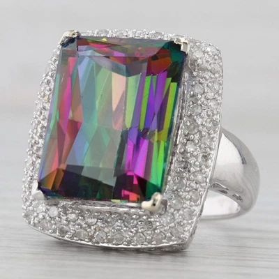 16.80ctw Mystic Topaz Diamond Halo Ring 14k White Gold Size 7.25 Cocktail - Image 1 of 4