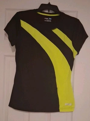 *Fila* Top de running para mujer, talla Lg, negro, amarillo neón, manga corta, bolsillo con cremallera Foto 1 de 4