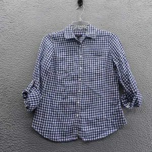 Talbots Gingham Check Roll Tab Linen Button Down Top P Small Blue White Womens - Picture 1 of 10