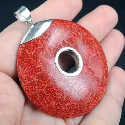 Gioielli con ciondolo in argento sterling 925 grande tondo corallo rosso... - Immagine 1 di 4
