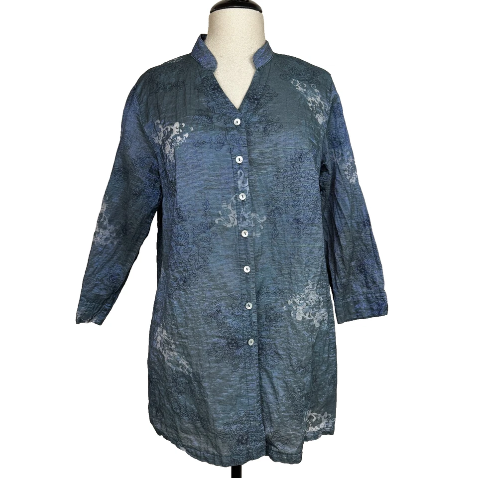 Blusa túnica suelta corte para mujer talla L azul botón delantero manga larga EE. UU. Boho Artística Foto 1 de 4