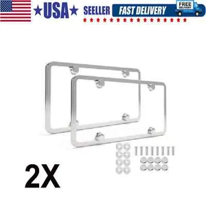 2Pcs Chrome Stainless Steel Metal License Plate Frame Tag Cover With Screw Caps - Picture 1 of 12