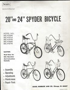1960's Sears Spyder Bicycle Assembly Operating Maintenance Repair Parts Manual
