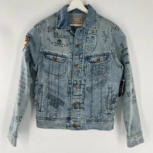 NEW Polo Ralph Lauren Graffiti Print Patch Jean Jacket Distressed Denim Rowdie M - Picture 1 of 12