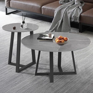 Marble Coffee Sofa Table Set Round Side End Table Stone Tabletop Metal Leg 2PCS - Picture 1 of 12
