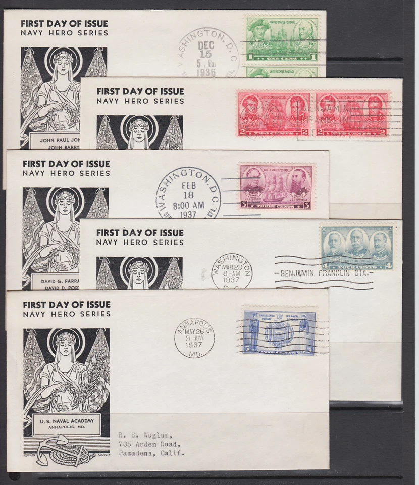 US Planty 790-794-45 FDC. 1936 Navy, matched cplt set, Newman-Sudduth cachets - Image 1 of 1