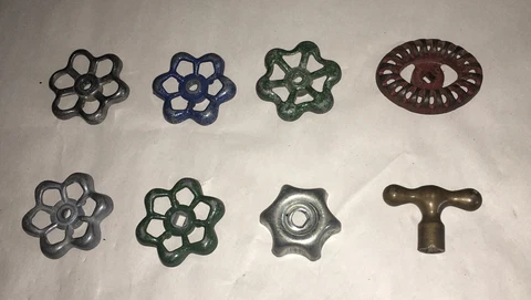 Lot of  8 (7) Valve Wheels and (1) T wrench handle - Steampunk Decor Cover