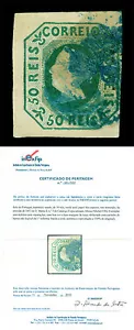 PORTUGAL 1853 Queen Maria 50reis blue green shade Scott# 3a used VF w/ Cert. - Picture 1 of 4
