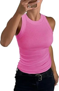 Women's High Neck Sleeveless Racerback Cotton Ribbed Tank Top - Fitness Wear - Picture 1 of 28