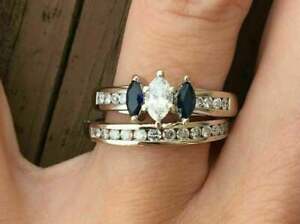 1Ct Blue Sapphire & White Marquise Stone Wedding Ring Set In 925 Sterling Silver