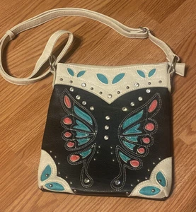 Western Studded Faux Leather Purse Turquoise/Black/Pink Butterfly Cross-body - Picture 1 of 11