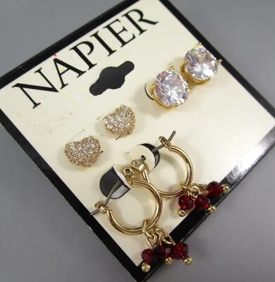 New w Tags NAPIER 3 Pairs Gold Tone Heart Hoop CZ Red Crystals Post Earrings 81E - Image 1 of 4