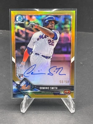 2018 DOMINIC SMITH BOWMAN CHROME GOLD REFRACTOR ROOKIE AUTO #CRA-DS, SN 50/50 SP - Image 1 of 2