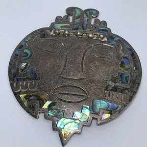 Vintage Taxco Mexico 925 Silver Brooch & Pendant Aztec god Inlay Estate - Picture 1 of 5