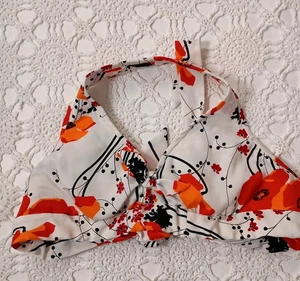 Vtg 70s Halter Top Shirt White Black Orange Floral Padded Bow Medium Large Women - Picture 1 of 6