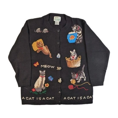 Vtg QUACKER FACTORY A Cat Is A Cat Black Cardigan Knit Sweater M Button Covers - Image 1 of 4
