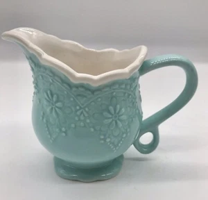 Vtg Pier 1 Imports Aqua/White Creamer “Lacy” Raised Floral Detail Scallop Rim - Picture 1 of 7