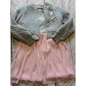 Girls M 2Pc Dress Set Pink/Gray Dress & Quilted Jacket Fun Dressy Tulle Skirt - Picture 1 of 9