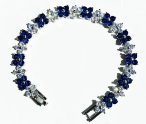 Imitation Royal Blue Sapphire &Diamonds Bracelet 18K White Gold Plated - Picture 1 of 4