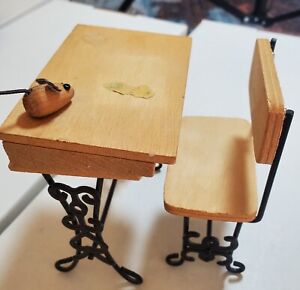 DOLLHOUSE MINIATURES  VINTAGE Desk & Chair Teacher Wood Metal 4" mini project 