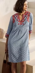 Boden Tunic Dress Sz 10 Blue Red Linen Embroidered Paisley Floral Boho Pockets - Picture 1 of 10