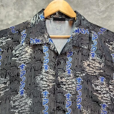 Camisa ODO Para Hombre Grande Negra Geométrica Dragón Manga Corta Abotonada De Colección Foto 1 de 4